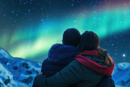A couple stands close together, gazing at vibrant northern lights illuminating the night sky.の写真素材