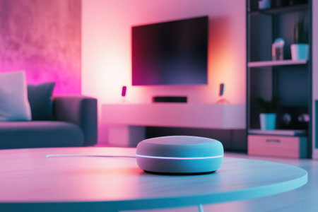 A sleek smart home device rests on a light table, surrounded by cozy furnishings and vibrant ambient lights.の写真素材