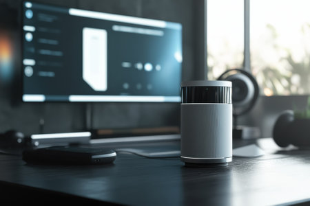 A sleek smart speaker sits on a dark wooden desk next to a computer display, creating a modern workspace atmosphere.の写真素材