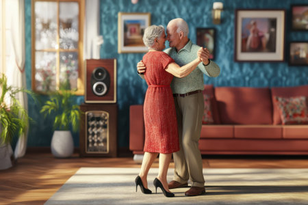 An elderly couple enjoys a joyful moment dancing in their cozy living room in soft morning light.の写真素材