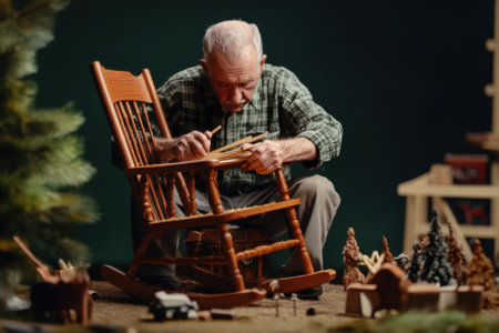An elderly man meticulously shapes wood to create a rocking chair in a warm, inviting workshop.の写真素材