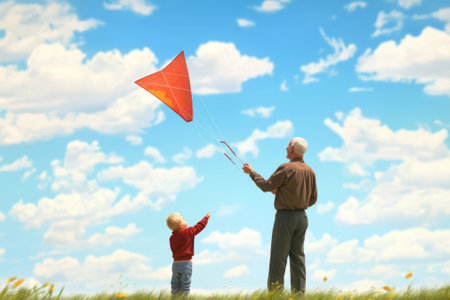 A grandfather helps his grandson fly a bright kite in a spacious field under a blue sky filled with clouds.の写真素材