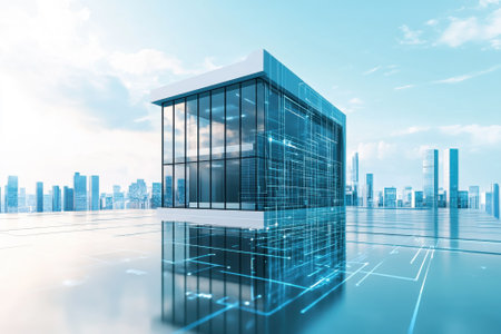 A contemporary structure stands out in a vibrant cityscape, showing reflections and digital patterns.の写真素材