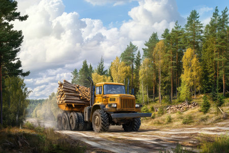 A large yellow truck drives along a dirt road, carrying logs through a lush green forest under bright skies.の写真素材