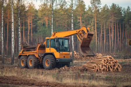 A yellow loader collects logs from a forest site while trees stand tall in the background at dusk.の写真素材