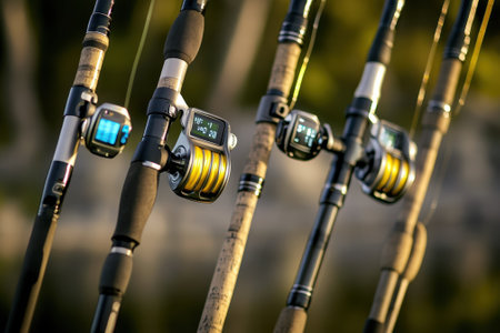 High-tech fishing rods equipped with digital reels are set for a fishing trip near the water at sunset.の写真素材
