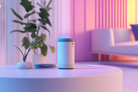 A smart speaker and a small potted plant are placed on a round table in a chic living room with ambient lighting.の写真素材