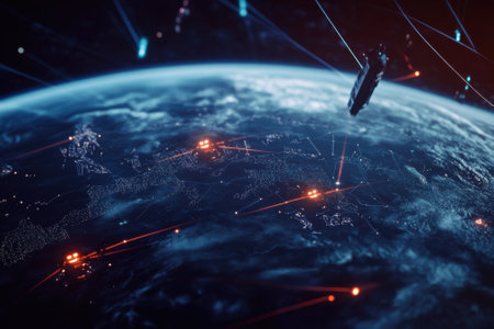 A satellite orbits Earth, transmitting signals while bright points highlight global activity at night.の写真素材