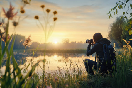 A person crouches by a lake, taking photographs of the stunning sunrise and vibrant scenery.の写真素材