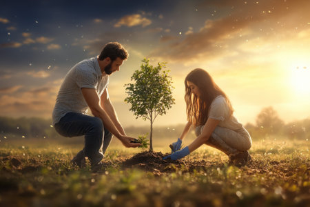 A couple is planting a young tree in a beautiful field at sunset, actively nurturing the environment together.の写真素材