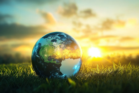 A globe resting on green grass as the sun rises, casting warm light and enhancing the serene environment.の写真素材
