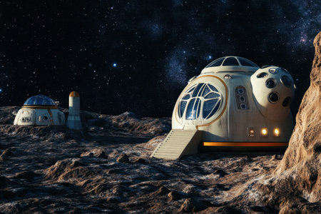 A lunar colony features dome-shaped habitats and launch structures amidst a rugged landscape and stars.の写真素材