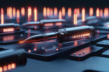 A sleek pen positioned on a dark circuit board, highlighted by glowing lights, showing modern design and technology.の写真素材
