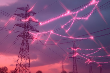 Transmission towers bathed in pink light create a striking contrast against the sunset sky at dusk.の写真素材