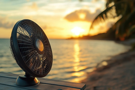 A fan on a wooden table overlooks the ocean at sunset, creating a serene and relaxing atmosphere.の写真素材