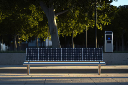 A solar-powered bench stands in an urban park, surrounded by trees and natural light, promoting eco-friendly seating.の写真素材