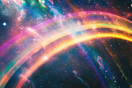Vibrant rainbow arcs span across a star-filled space backdrop, showcasing cosmic beauty and color.の写真素材