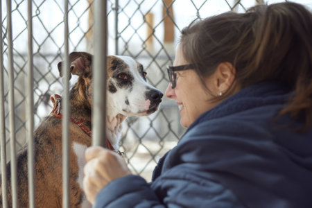 A woman gently engages with a dog at an animal shelter, sharing a moment of connection and care.の写真素材