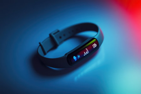 A fitness tracker shows heart rate and activity data illuminated by colorful lighting in a low-light setting.の写真素材