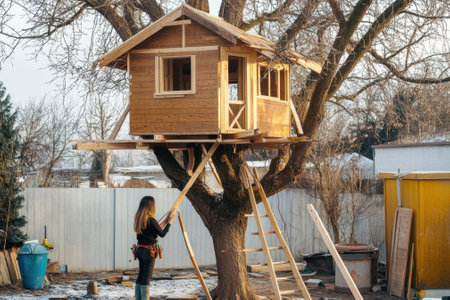 A person builds a wooden tree house in a backyard, working diligently on the structure's details.の写真素材