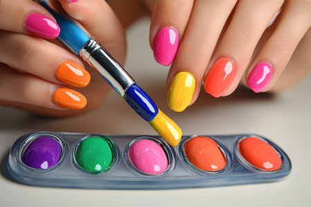 Hands showcase colorful nail polish while applying a fresh coat to vibrant fingertips using a brush.の写真素材
