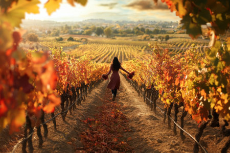 A woman strolls amidst rows of grapevines, surrounded by vibrant autumn colors in a serene countryside.の写真素材