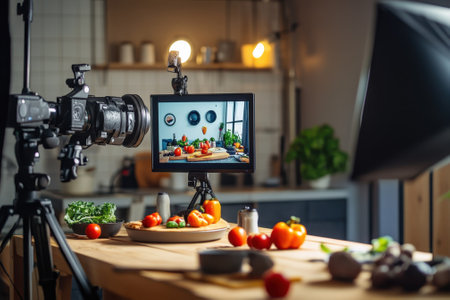 A vibrant arrangement of fresh produce for a photoshoot with cameras and lighting in a kitchen setting.の写真素材