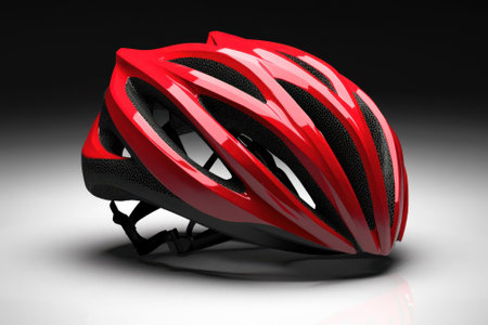 A sleek red cycling helmet is positioned at an angle, highlighting its design features and safety purpose.の写真素材