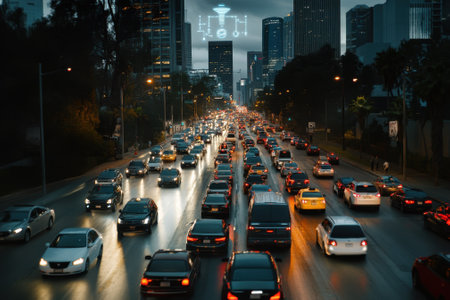 Rain-soaked city street filled with cars during rush hour, illuminated by city lights and buildings at dusk.の写真素材