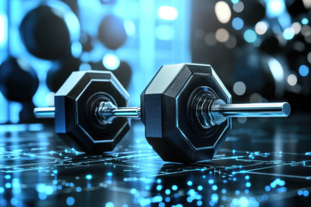 Two black dumbbells lie on a gym floor illuminated by bright blue lights, showcasing a modern training environment.の写真素材