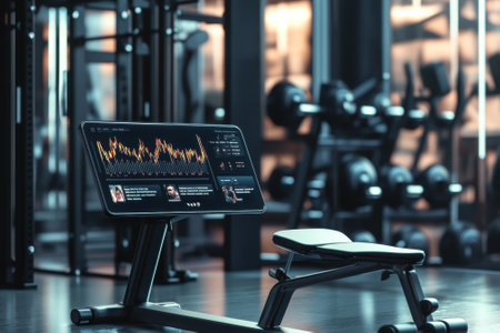 A sleek fitness monitor displays workout data in a contemporary gym setting, highlighting advanced technology.の写真素材