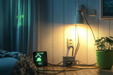 A well-lit corner of a room features smart devices, a green plant, and warm lighting creating a relaxing atmosphere.の写真素材