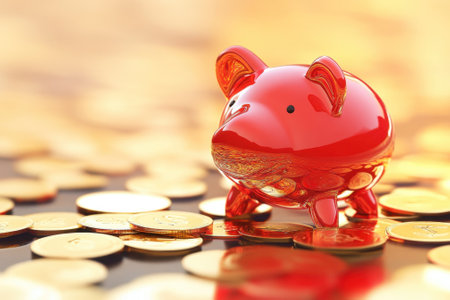 A bright red piggy bank sits among shiny gold coins, reflecting light and evoking a sense of wealth and savings.の写真素材