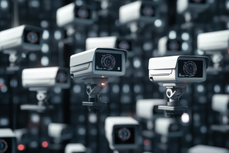 Multiple surveillance cameras are strategically placed, focusing on monitoring security in a structured setting.の写真素材