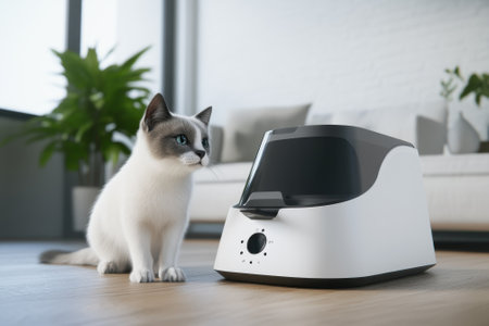 A curious cat sits next to an automatic feeder in a bright, contemporary living room filled with plants.の写真素材