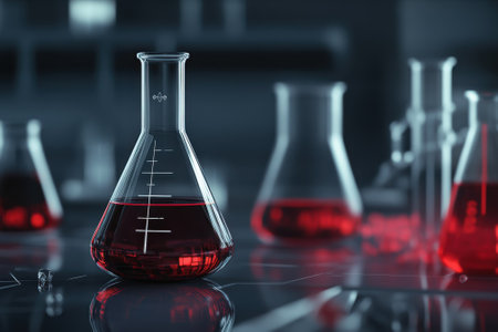 A laboratory with various glass flasks filled with red liquid, showing chemical experimentation and analysis.の写真素材