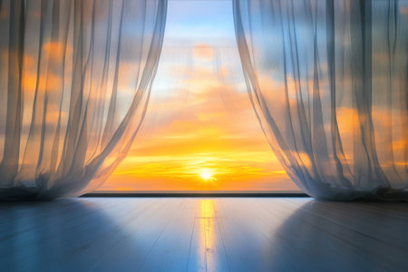 Bright sunrise filters through sheer curtains in a calm room, creating a peaceful and warm atmosphere.の写真素材
