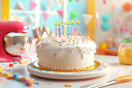 A beautifully decorated birthday cake with candles sits on a table surrounded by vibrant party decor and treats.の写真素材