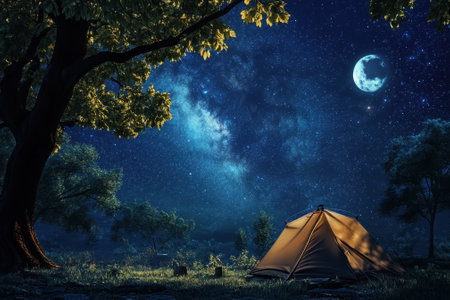 A tent sits peacefully beneath a magnificent night sky filled with stars and a bright moon, showing nature's beauty.の写真素材