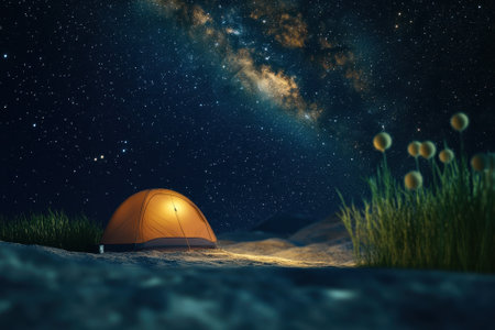 A bright orange tent rests on the ground beneath a canopy of sparkling stars, surrounded by blooming flowers.の写真素材