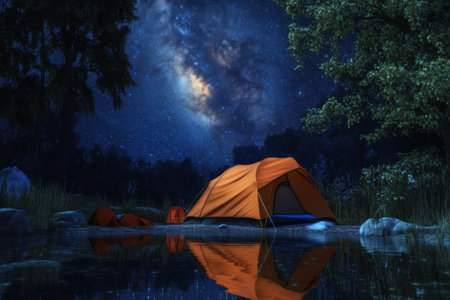 An orange tent set up near a tranquil lake reflects the brilliant starry sky at night.の写真素材