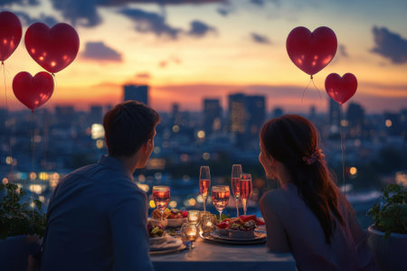 A couple shares a special dinner on a rooftop, surrounded by heart balloons and beautiful sunset views.の写真素材