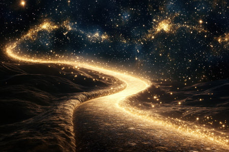 A glowing path spirals through a vast, star-filled cosmos, creating a magical celestial view.の写真素材