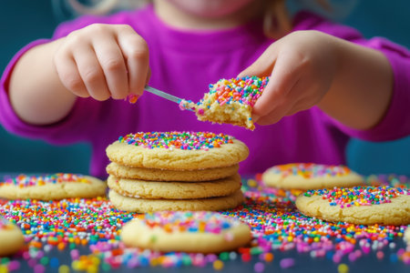 A child joyfully applies colorful sprinkles on a stack of freshly baked cookies, creating delightful treats.の写真素材