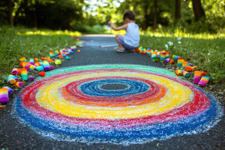 A young child is carefully creating a vibrant chalk circle on a path, surrounded by a colorful display of cups.の写真素材