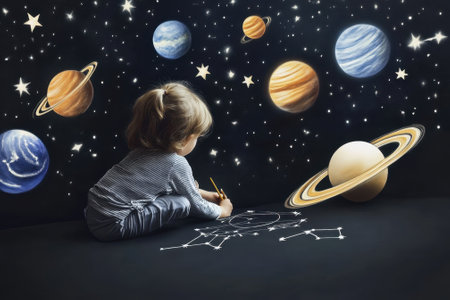 A young child sits on the floor, sketching constellations while gazing at colorful planets and stars.の写真素材