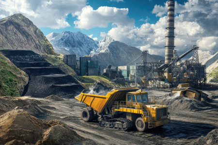 A large dump truck unloads coal at a mining site surrounded by snowy mountains under a bright sky.の写真素材