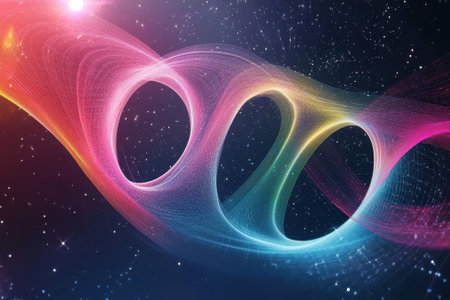 Colorful, flowing waves create a mesmerizing design against a dark starry background, evoking cosmic energy.の写真素材