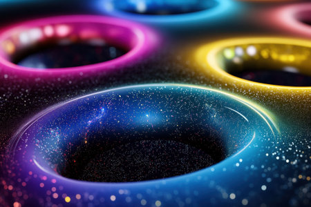 Bright, glowing orbs in vibrant colors float against a starry black background, creating an ethereal atmosphere.の写真素材