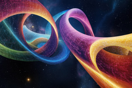 Vibrant twisting shapes in multiple colors create a dynamic visual against a starry cosmos backdrop.の写真素材